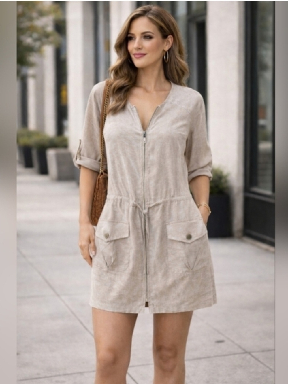 Zip-Up Tan Tunic Dress with Pockets And Drawstring Waist, Size 10.